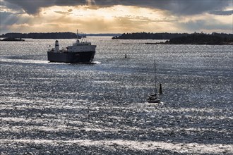 Ferry Fjaerdvaegen from Aland to Nadendal, Naantali, Shipping in the Archipelago, Archipelago National Park, Skaergardshavets National Park, Evening Sky, Turku, Finland, Europe