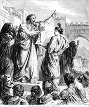 Ezra reads the law to the people, man, read, recite, book, writing, people, crowd, hand, show, gate, wall, Bible, Old Testament, The Book of Nehemiah, chapter 8, verse 5, historical illustration c. 18...