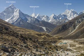 Looking back from the steep approach to Thokla on the Everest Base Camp trekking route. Dughla settlement is below, located on the way between Dingboche or Pheriche and Lobuche. It is Ama Dablam on th...