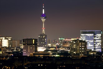 View of the city centre of the state capital Duesseldorf, with Rhine Tower, City Gate, Dreischeibenhaus and Mannesmann Tower, Duesseldorf, North Rhine-Westphalia, Germany, Europe