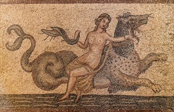 Mosaic with Nereid riding a hippopotamus from Kos, 3rd century, Grand Masters Palace built in the 14th century by the Johnnite Order, fortress and palace for the Grand Master, UNESCO World Heritage Si...