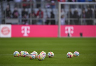 Adidas Derbystar match balls lie on grass, FC Bayern Munich logo, FCB, Telekom, perimeter advertising, Allianz Arena, Munich, Bavaria, Germany, Europe