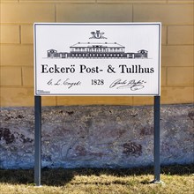 Sign, historic Post & Customs House from 1828, architects Carl Ludvig Engel and Carlo Bassi, Eckeroe, Fasta Aland, Aland Islands, Aland Islands, Finland, Europe