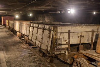 Hutchinson, Kansas, Old mine cars on display at the Strataca Underground Salt Mine Museum. Visitors can descend 650 feet and tour sections that have previously been mined. The Hutchinson Salt Company