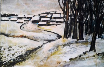 Oil painting of a village in the Swabian Alb, Baden-Wuerttemberg, Germany in winter