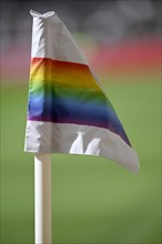 Corner flag symbolises diversity, LGBT, rainbow, Mercedes-Benz Arena, Stuttgart, Baden-Wuerttemberg, Germany, Europe