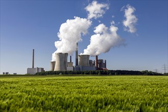 Neurath lignite-fired power plant in the Rhenish coalfield, fields, agriculture, Grevenbroich, North Rhine-Westphalia, Germany, Europe