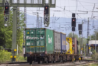 Goods train underway on the Rhine Valley line near Riegel, Baden-Wuerttemberg, Germany, Europe