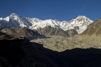 Upper part of Dudh Koshi valley, where Ngozumpa Glacier, the longest in the Himalayas, begins. At the valley head, a part of the main Himalayan ridge stretches between the eight-thousander Cho Oyu, th...
