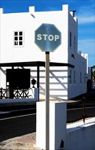 Traffic sign, Stop sign in blue, Lanzarote, Canary Islands, Spain, Europe