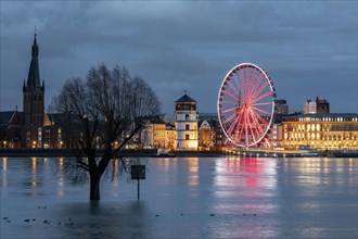 Rhine, Rhine level, high water, flooding in Duesseldorf, view of the old town with castle tower, Ferris wheel and town hall, Duesseldorf, North Rhine-Westphalia, Germany, Europe
