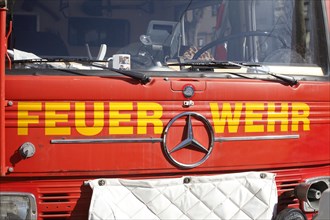 Fire brigade lettering on a historic fire engine by Mercedes, Germany, Europe