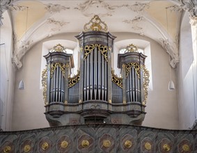 Organ in the Catholic parish church of St. Peter and Paul, former collegiate church, Romanesque columned basilica, Unesco World Heritage Site, Niederzell on the island of Reichenau in Lake Constance, ...