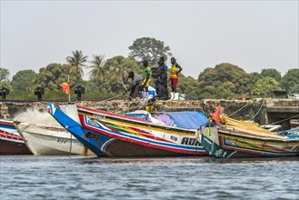 Fishing boats at the jetty in Missirah, Sine Saloum Delta, Senegal, West Africa, Africa