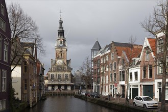 Gracht with view of De Waag building, historic old town, Alkmaar, province of North Holland, Netherlands