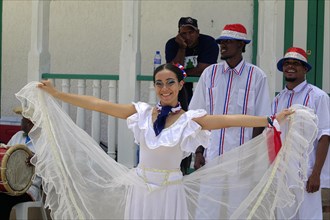Dancer of the local dance group for tourists, in the Parque Independenzia in the Centro Historico, Old Town of Puerto Plata, Dominican Republic, Caribbean, Central America