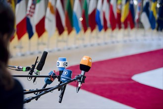 Microphones in front of a Red Carpet. Brussels, 20.02.2023, Brussels, Belgium, Europe