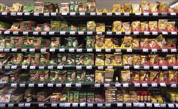 Shelf with packet soups and sauces in a supermarket, Bavaria, Germany, Europe