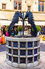 Seahorse Fountain at Platia Martyron Everon, Old Town, Rhodes Town, Greece, Europe