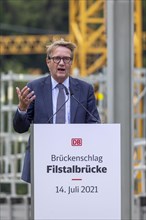 Ronald Pofalla, then Member of the Board of Management of Deutsche Bahn AG responsible for infrastructure, at the construction site of the Filstalbruecke railway bridge, bridge building at a height of...