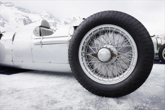 Front wheel of an Auto Union C-Type, built 1936 on the frozen lake, faithful replica from the Audi Museum, The ICE, St. Moritz, Engadine, Switzerland, Europe