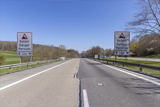 A8 motorway, dangerous gradient. The directional lanes across the Swabian Alb run through two different valleys due to the difficult topography. Drackensteiner Hang, Drackenstein, Baden-Wuerttemberg, ...