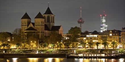 City panorama with the Rhine, the Church of St. Kunibert, the Colonius telecommunications tower and the Mediapark high-rise, Cologne, Rhineland, North Rhine-Westphalia, Germany, Europe