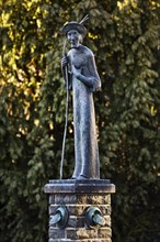 Jakobusbrunnen with bronze sculpture Jakobus, artist Waldemar Wien, Breckerfeld, Ruhr area, North Rhine-Westphalia, Germany, Europe