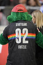 Mascot Fritzle, crocodile, in special jersey, symbolises diversity, LGBT, rainbow, Mercedes-Benz Arena, Stuttgart, Baden-Wuerttemberg, Germany, Europe