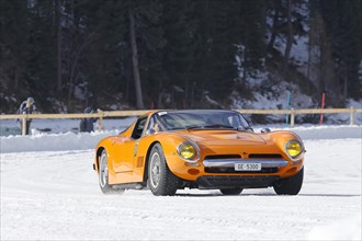 Bizzarrini 5300 GT Strada on the frozen lake, built 1968, The ICE, St. Moritz, Engadin, Switzerland, Europe