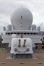 Command bridge and radar dome Guided missile frigate Hr. Ms. De Ruyter, former warship of the Dutch Navy, Naval Museum, Den Helder, Province of North Holland, Netherlands