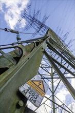 High voltage danger to life, warning sign on an overhead line electricity pylon, Duisburg, North Rhine-Westphalia, Germany, Europe