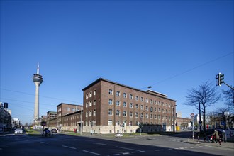 Duesseldorf Police Headquarters, left of the Rheinturm, Duesseldorf, North Rhine-Westphalia, Germany, Europe