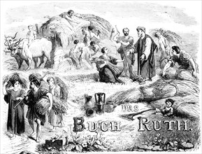 Cover, agriculture, grain, harvest, oxcart, cut, tie, ears, men, woman, helpers, work, outdoors, Bible, Old Testament, The Book of Ruth, historical illustration around 1850