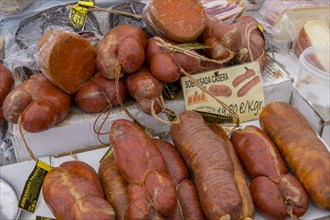 Weekly market, market stall with the typical sausage Sobrasada, Sobrasada de Majorca, Alcudia, Majorca, Balearic Islands, Spain, Europe