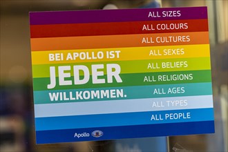Sticker on a shop window, LGBTQ and anti-discrimination at Apollo Optik. Stuttgart, Baden-Wuerttemberg, Germany, Europe