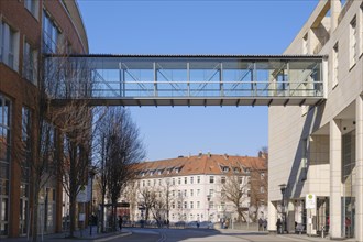 Glass footbridge at the town hall, Hagen, Westphalia, North Rhine-Westphalia, Germany, Europe