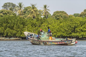 Fishermen on their boat in the Sine Saloum Delta, Senegal, West Africa, Africa