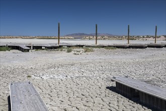 Salt Lake City, Utah, The marina at Antelope Island State Park. The lakes water level has fallen to a historic low