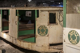 Hutchinson, Kansas, Old rail cars used in salt mining at the Strataca Underground Salt Mine Museum. Visitors can descend 650 feet and tour sections that have previously been mined. The Hutchinson Salt...