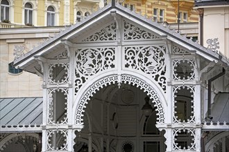 Entrance to the spring, Market Colonnade, Karlovy Vary, Czech Republic, Europe