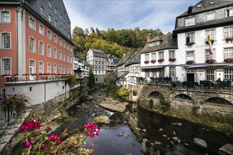 Historic old town of Monschau, left Red House and fortifications on the Rur, Monschau, North Rhine-Westphalia, North Rhine-Westphalia, Germany, Europe
