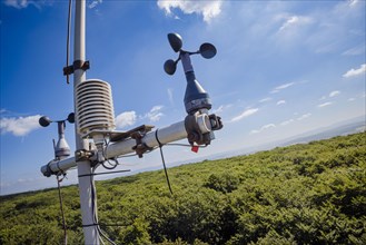 A cup cross anamometer for recording wind speed and hygrometers for recording air temperature and relative humidity hang from a measuring tower of the Northwest German Forest Research Institute above ...
