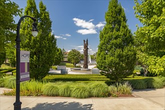 Tulsa, Oklahoma, The John Hope Franklin Reconciliation Park, a memorial based on the 1921 race massacre in which many African-Americans were murdered and the Greenwood District burned to the ground