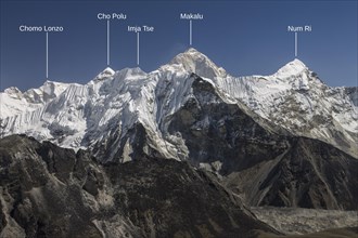 View from Chukhung Ri, a trekking peak located in the upper part of the Imja Khola valley. Imja Tse, known as Island Peak, the popular 6000-metres-plus peak, is just ahead. Makalu, the worlds sixth-hi...