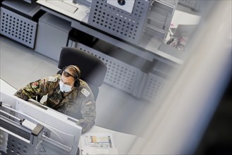 A soldier sits in the evaluation centre at the Bundeswehr Combat Training Centre in Letzling Simulated battles and exercises are documented and analysed here., Letzlingen, Germany, Europe