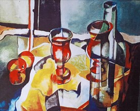 Oil painting by Volker von Mallinckrodt in the Cubist style, Cubism, with wine bottle, two wine glasses and apples