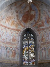 Church windows and apse paintings from the late 11th century in the Catholic parish church of St. Peter and Paul, former collegiate church, Romanesque columned basilica, Unesco World Heritage Site, Ni...