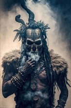 A dark-skinned Indian shaman in smoke with skull mask and ritual clothing