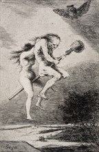 Two naked witches riding on a broomstick